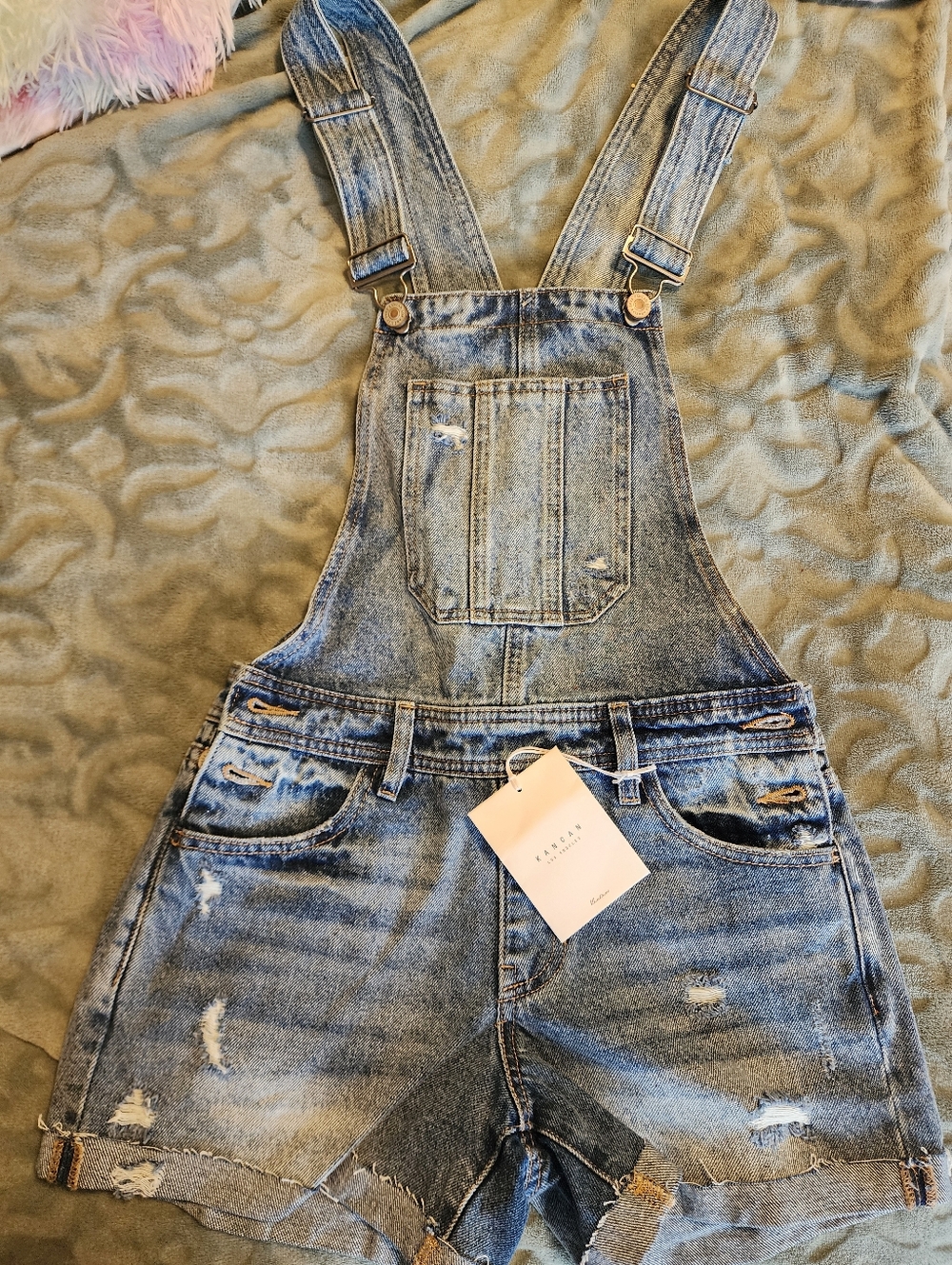 Kancan distressed overall bib shorts denim jumpsuit small nwt